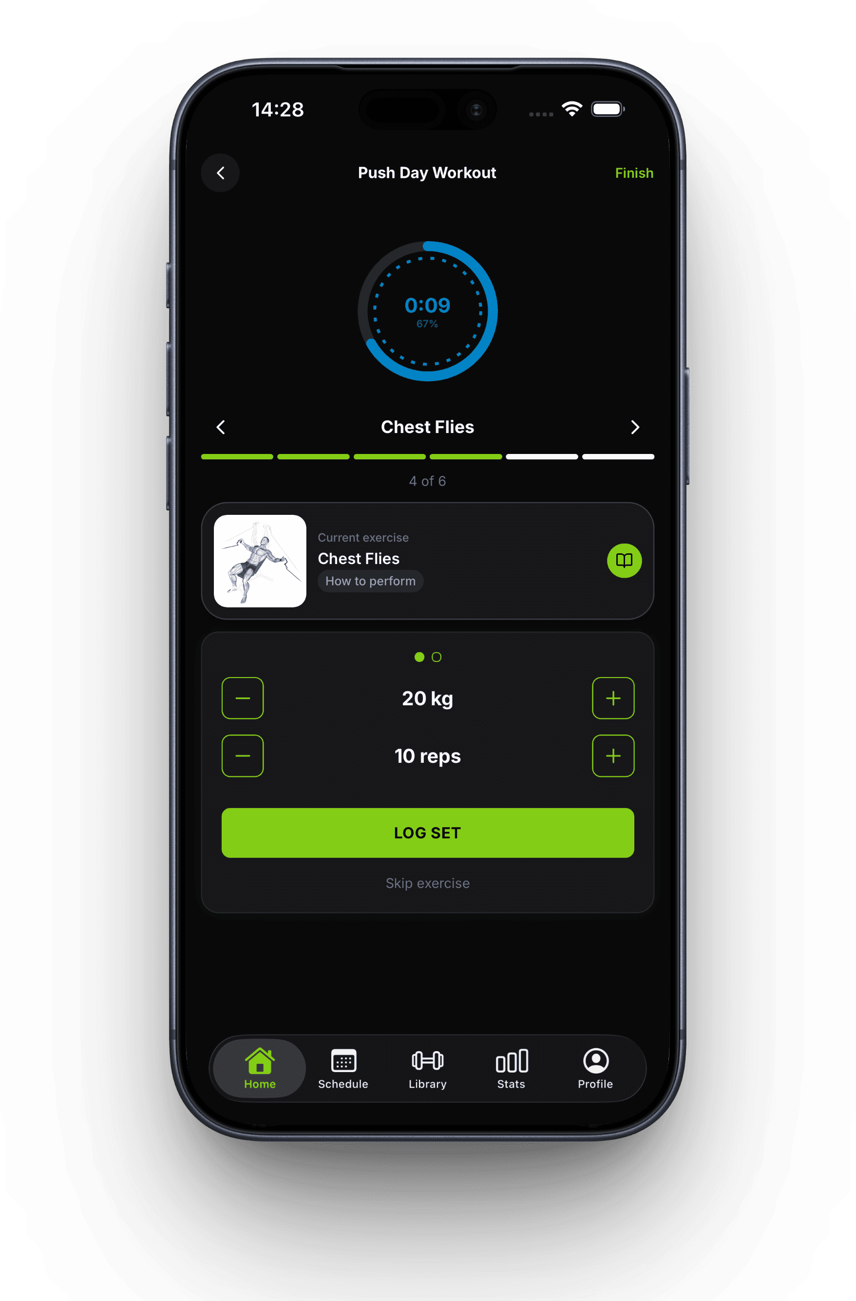 Active workout session with timer, exercise details, and LOG SET button