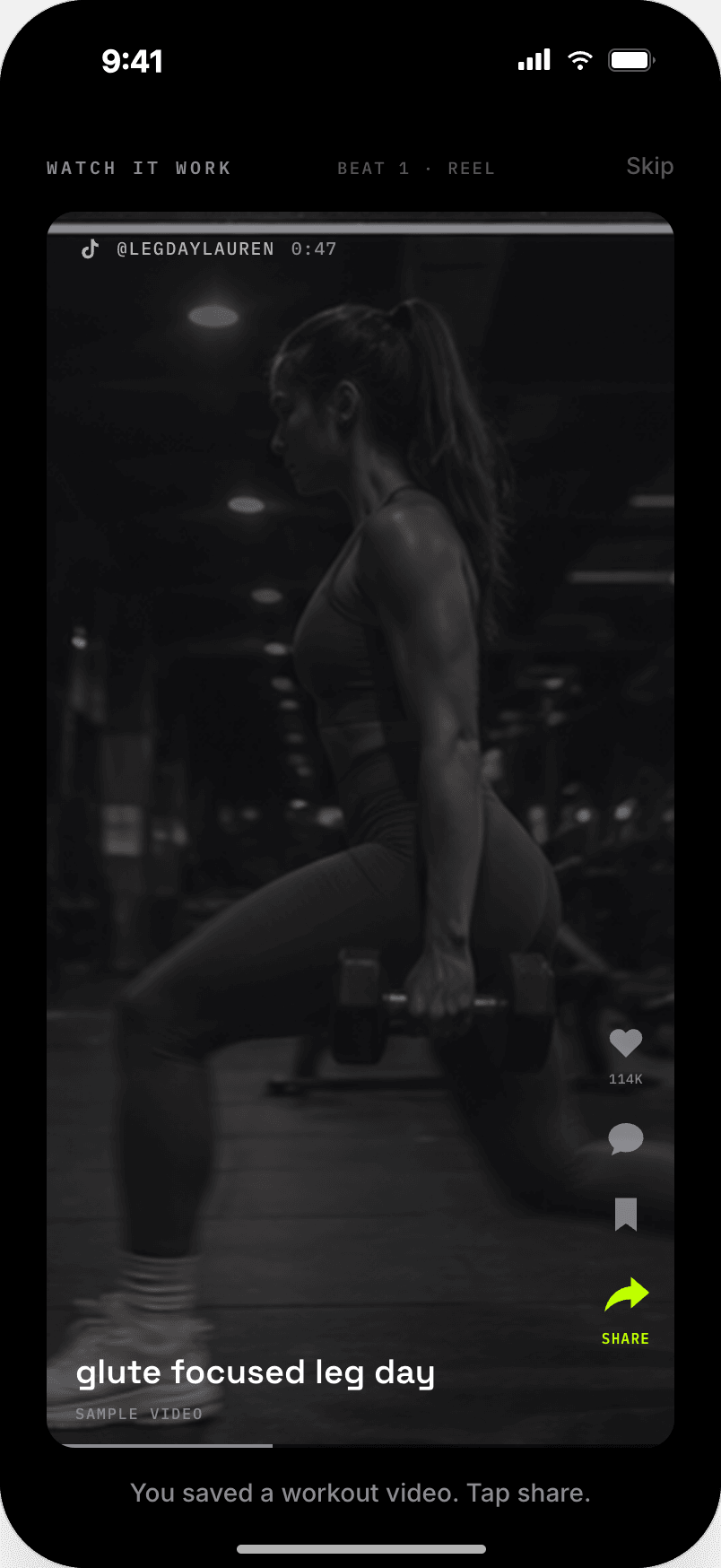 A saved workout reel, ready to share